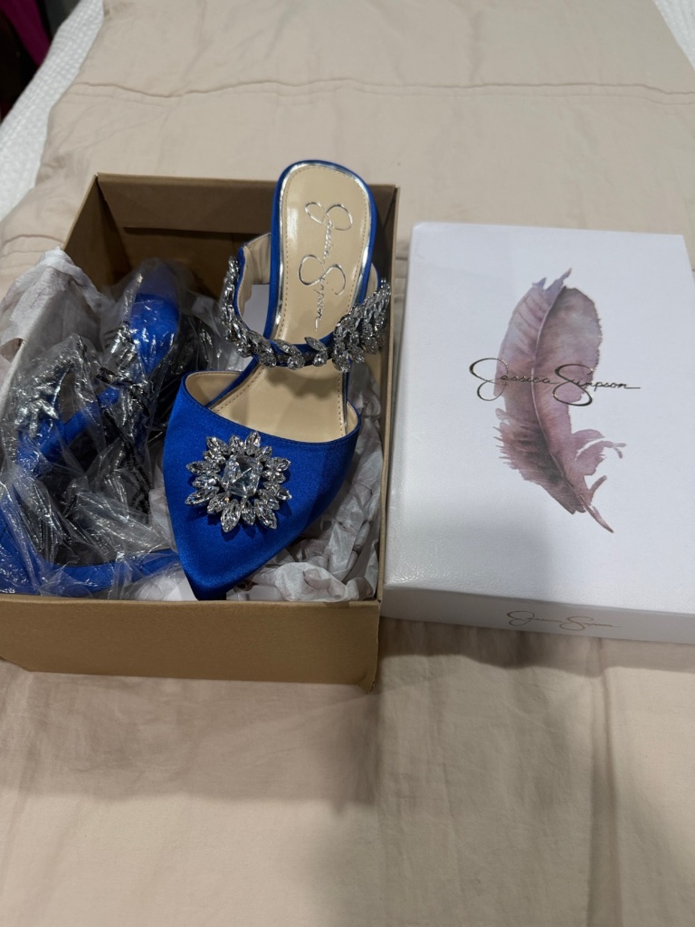 Jessica Simpson Cobalt Blue Satin Pointed-Toe Mule with Crystal Brooch